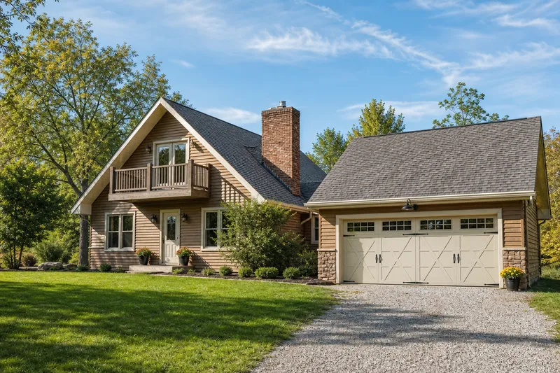 Wood-sided home with cream carriage-style garage doors and a brick chimney
