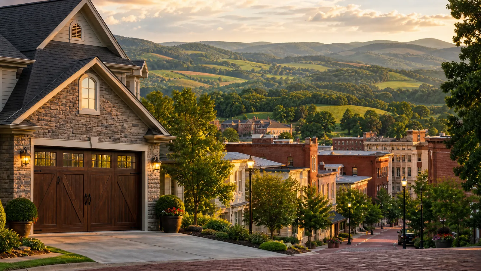 Carriage-style wooden garage door on a stone home above a brick street in Athens, Ohio, hills in the distance